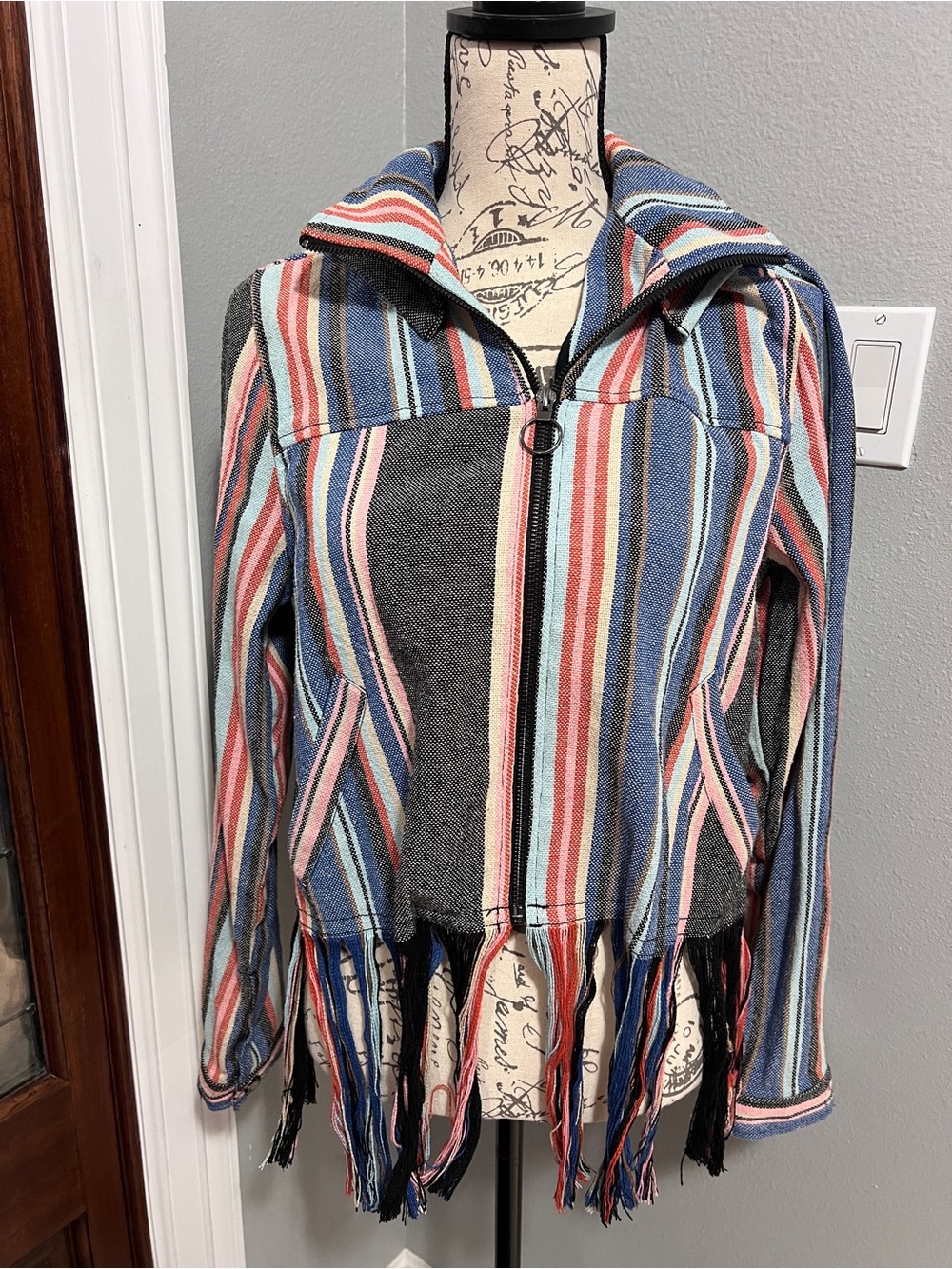 GUESS Los Angeles Multi-Color Striped Fringe Hooded Shacket Jacket M Boho